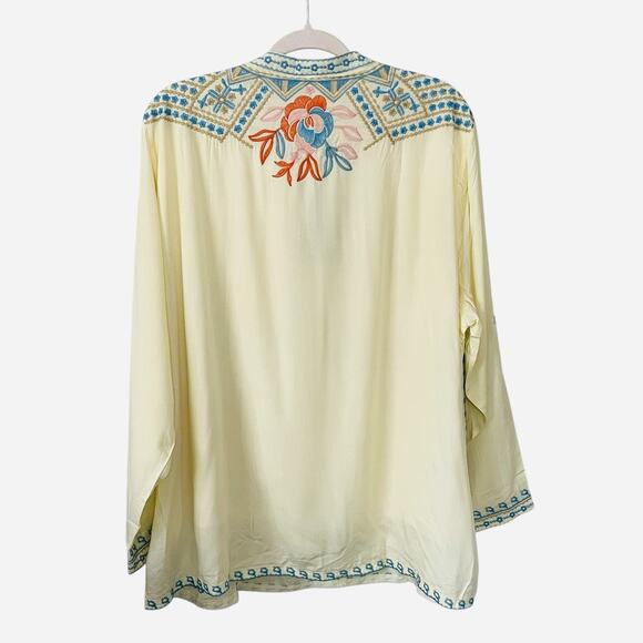 NWT Laura Klein Tunic Top Size XXL Embroidered Roll Tab Sleeve Lined Boho Yellow - Picture 3 of 12